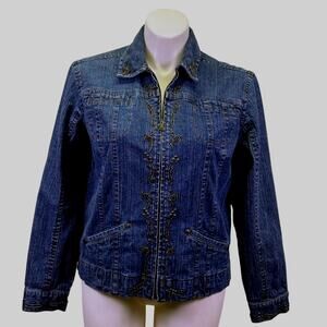 Amber Sun Denim Jacket  Beaded Embellished Jean Jacket Collared Zip Front Size L